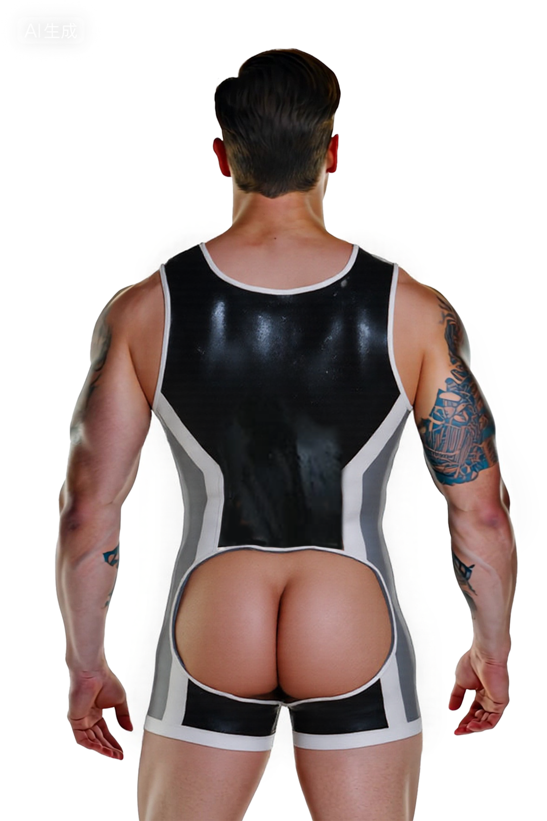 Joylgbt's Men’s Open Back PU Leather Singlet – Black & Grey with Red Trim Design