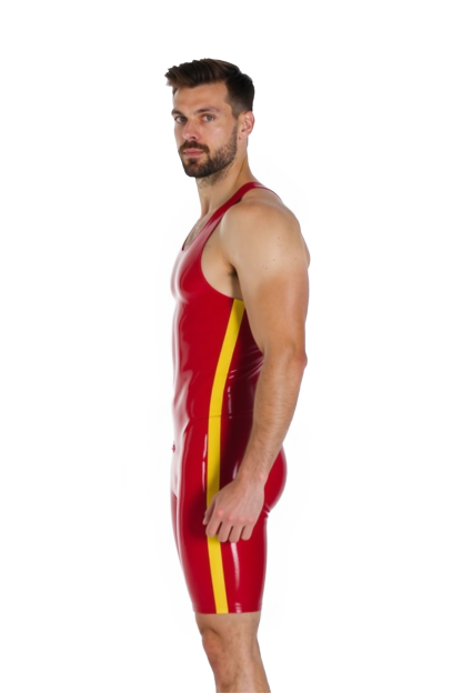 Joylgbt‘s Men's Wet Look PU Leather Wrestling Singlet with Zipper – Black / Red