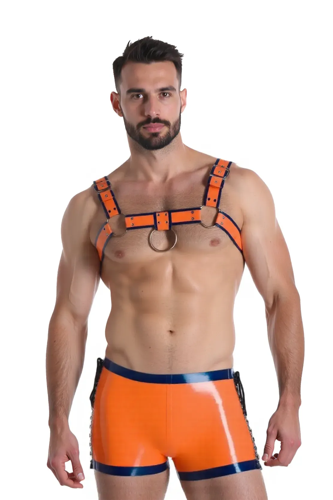 Joylgbt Men's Orange & Blue Pu Leather Chest Harness – Adjustable Bulldog Style with Metal Rings