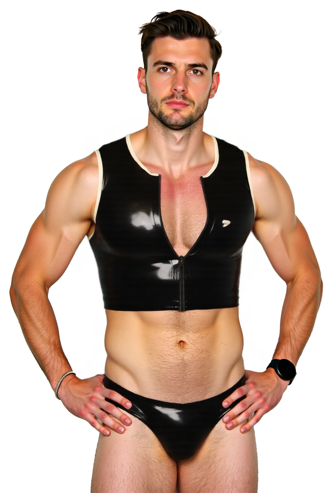 Joylgbt‘s Men's Wet Look PU Leather Set – Zip Crop Top + Matching Thong