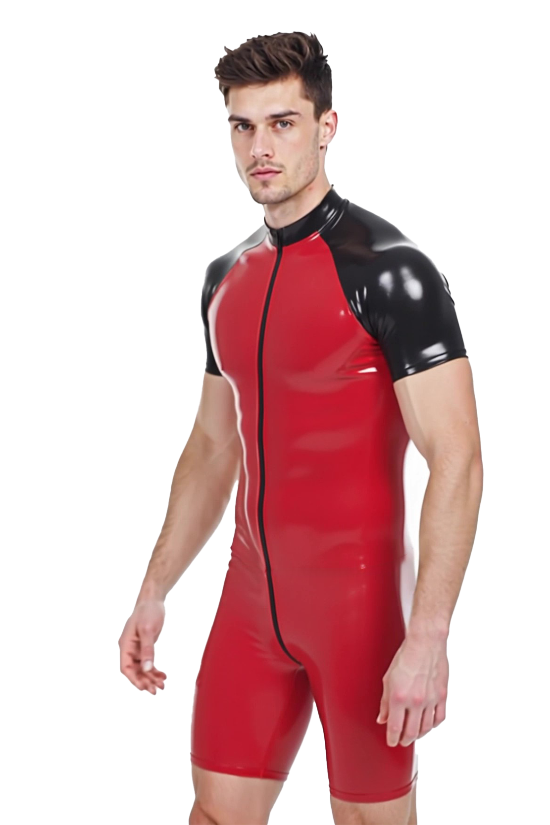 JoylgbtCrimson Blaze – Red & Black Gloss PU Splice Bodysuit