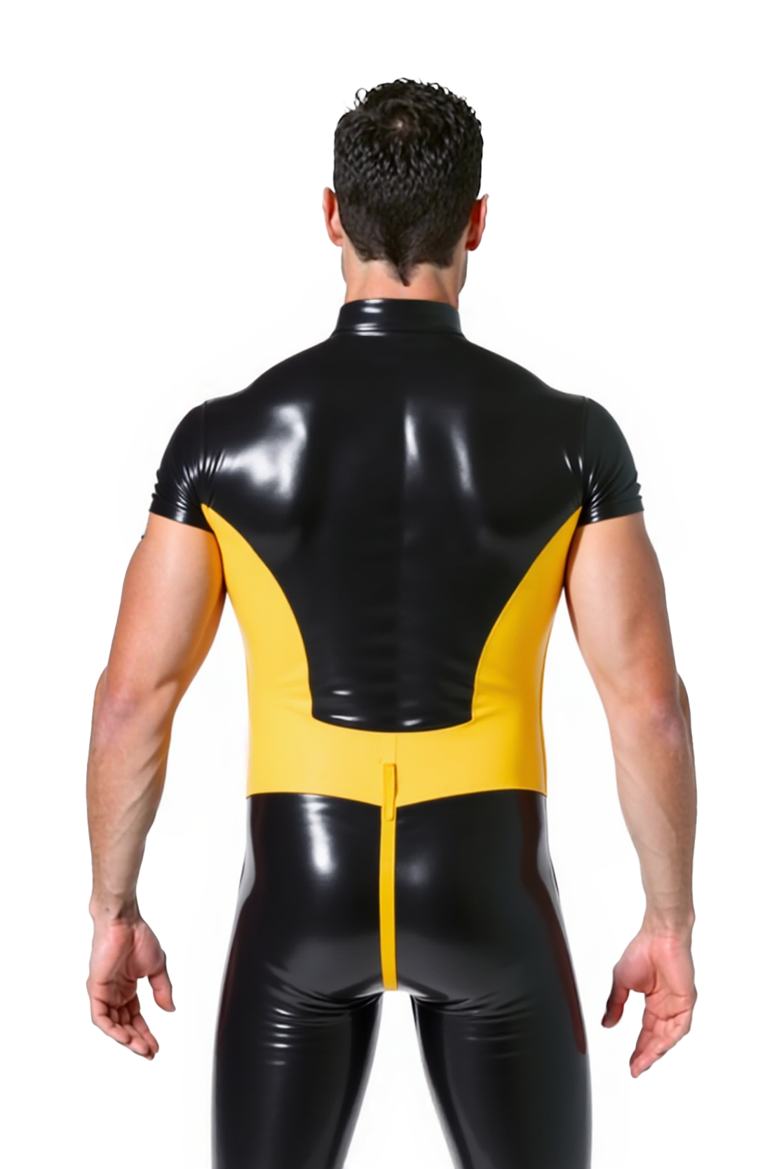 Joylgbt Men's Leather Short Bodysuit in Black and Yellow with Dual Zippers