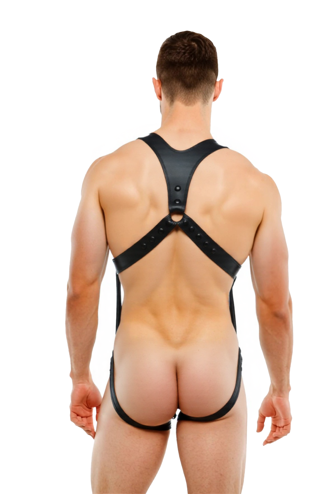 Joylgbt Men's Red & Black Faux Leather Thong Harness Bodysuit – Open Back Fetish Wear for Gay Club & Role Play