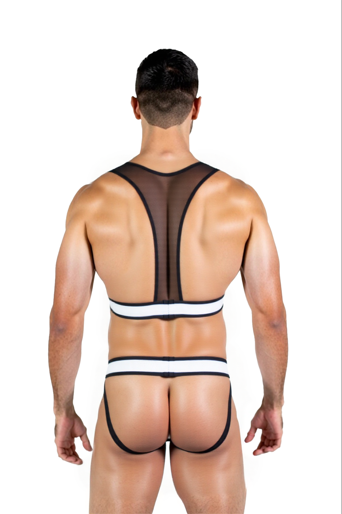 Men’s Sheer Mesh and Faux Leather Harness Jockstrap Set – Black & White Seduction