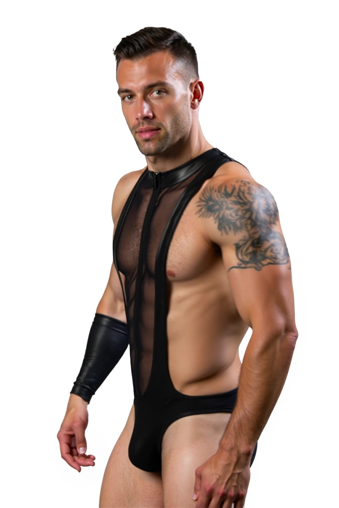 Men's Black Mesh Leather Bodysuit with Zipper – Sheer Backless One-Piece for Club & Roleplay