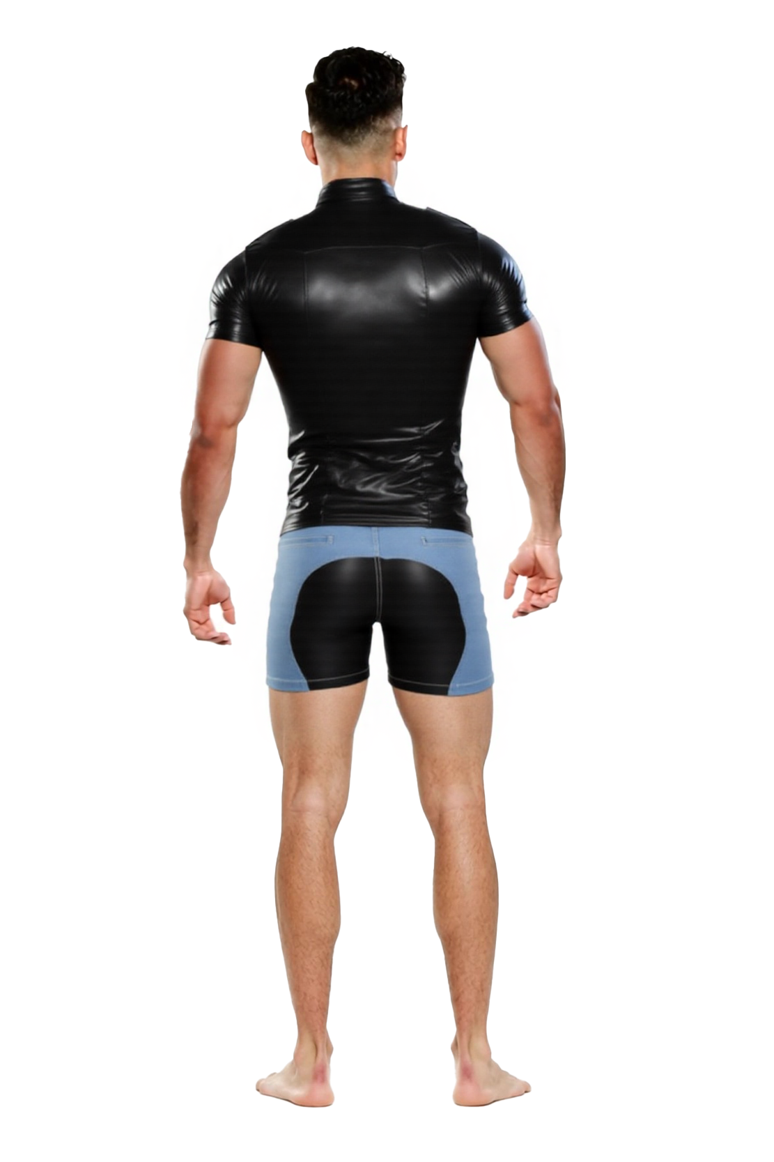 Joylgbt‘s Men's High-Shine Faux Leather Shirt & Denim-Look Panel Shorts Set