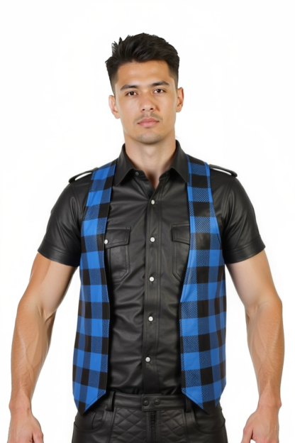 Joylgbt‘s Men's Faux Leather Plaid Vest - Blue & Black Checkered Patchwork Clubwear Gilet