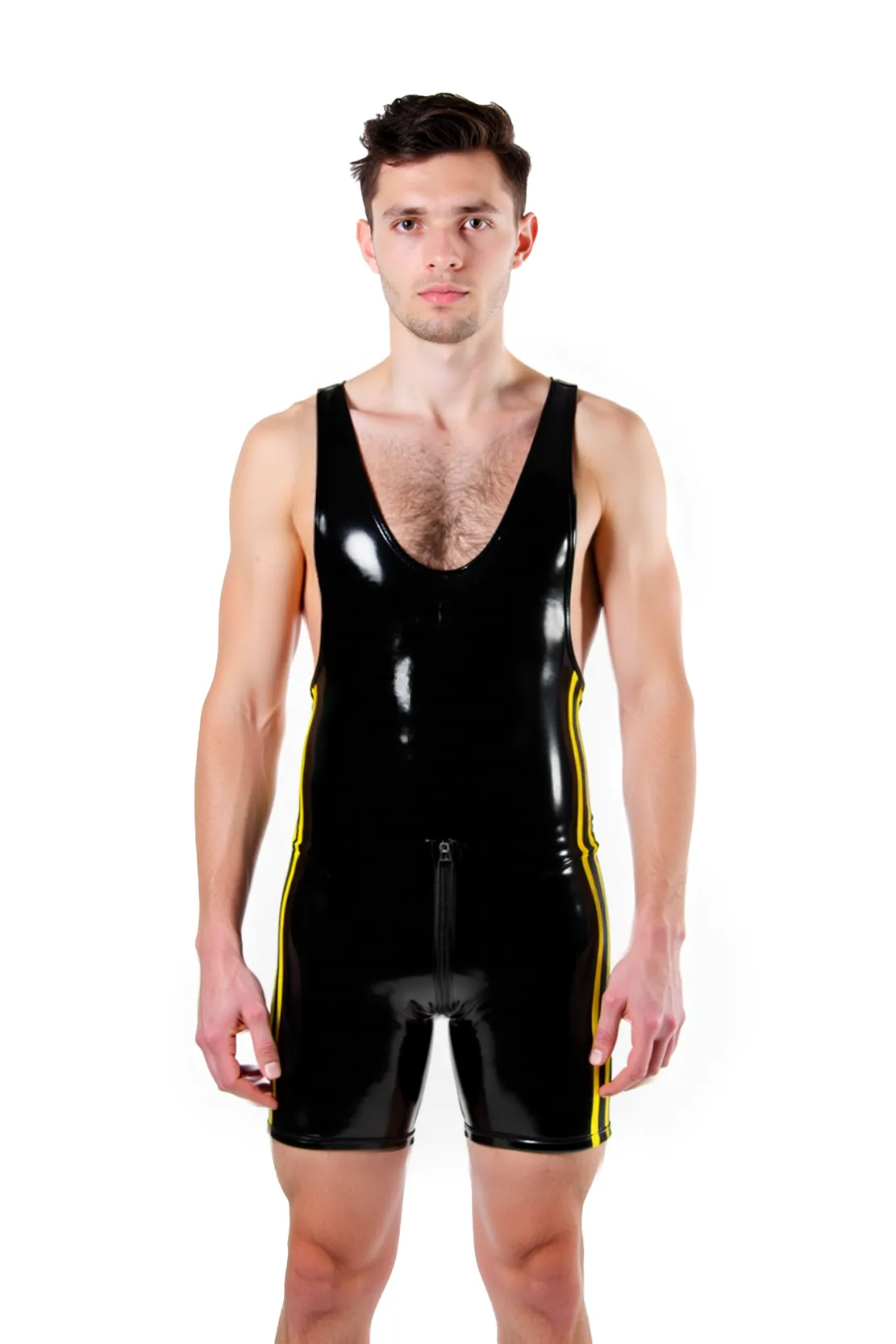Joylgbt Glossy Stretch Wrestling Singlet – Bold Stripe Sides & Deep Scoop Back