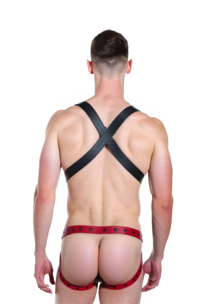Joylgbt‘s Red and Black Pu Leather Harness with Crossed Straps