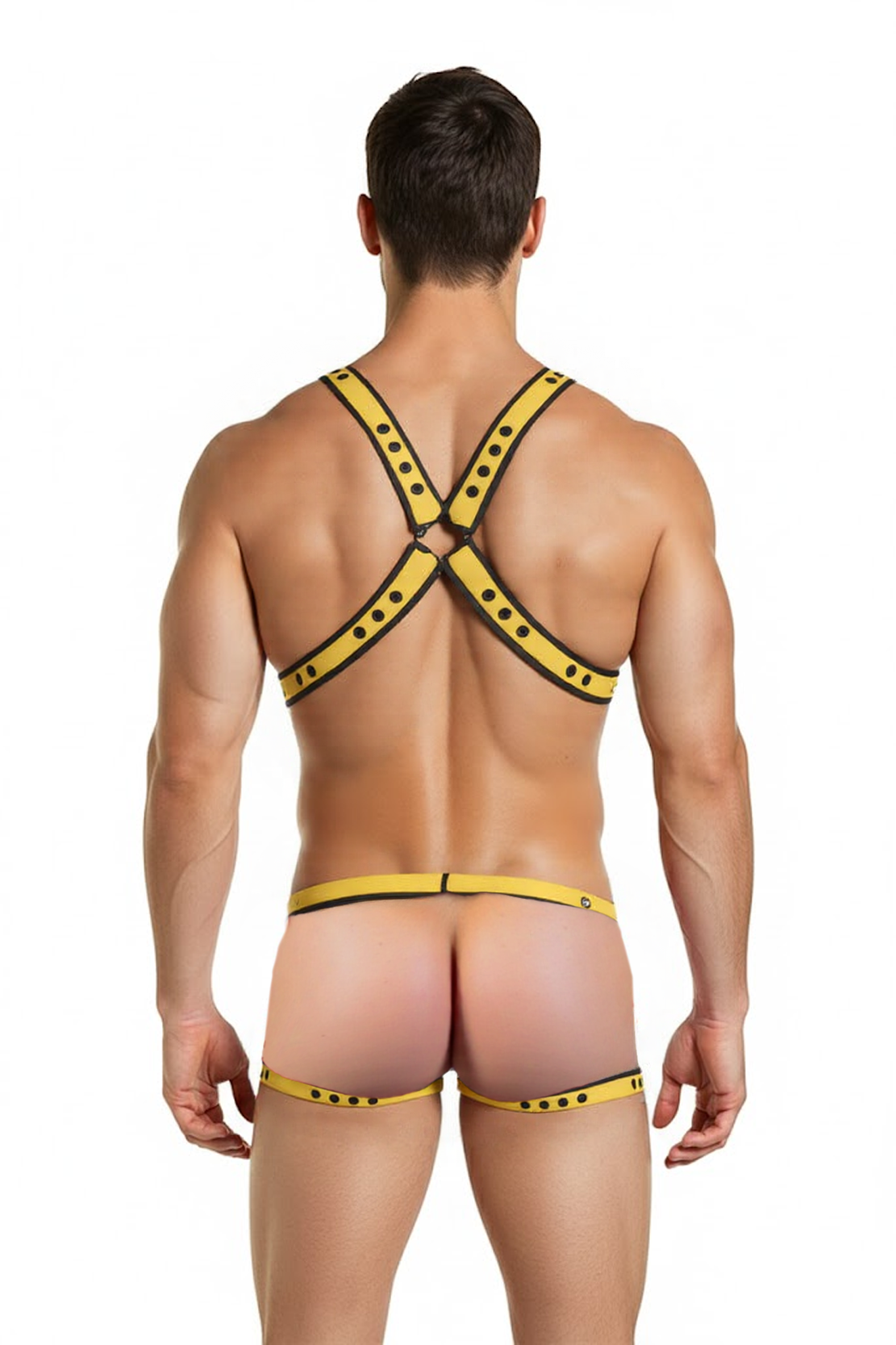 Joylgbt‘s Yellow & Black Pu Leather Strapped Briefs Set