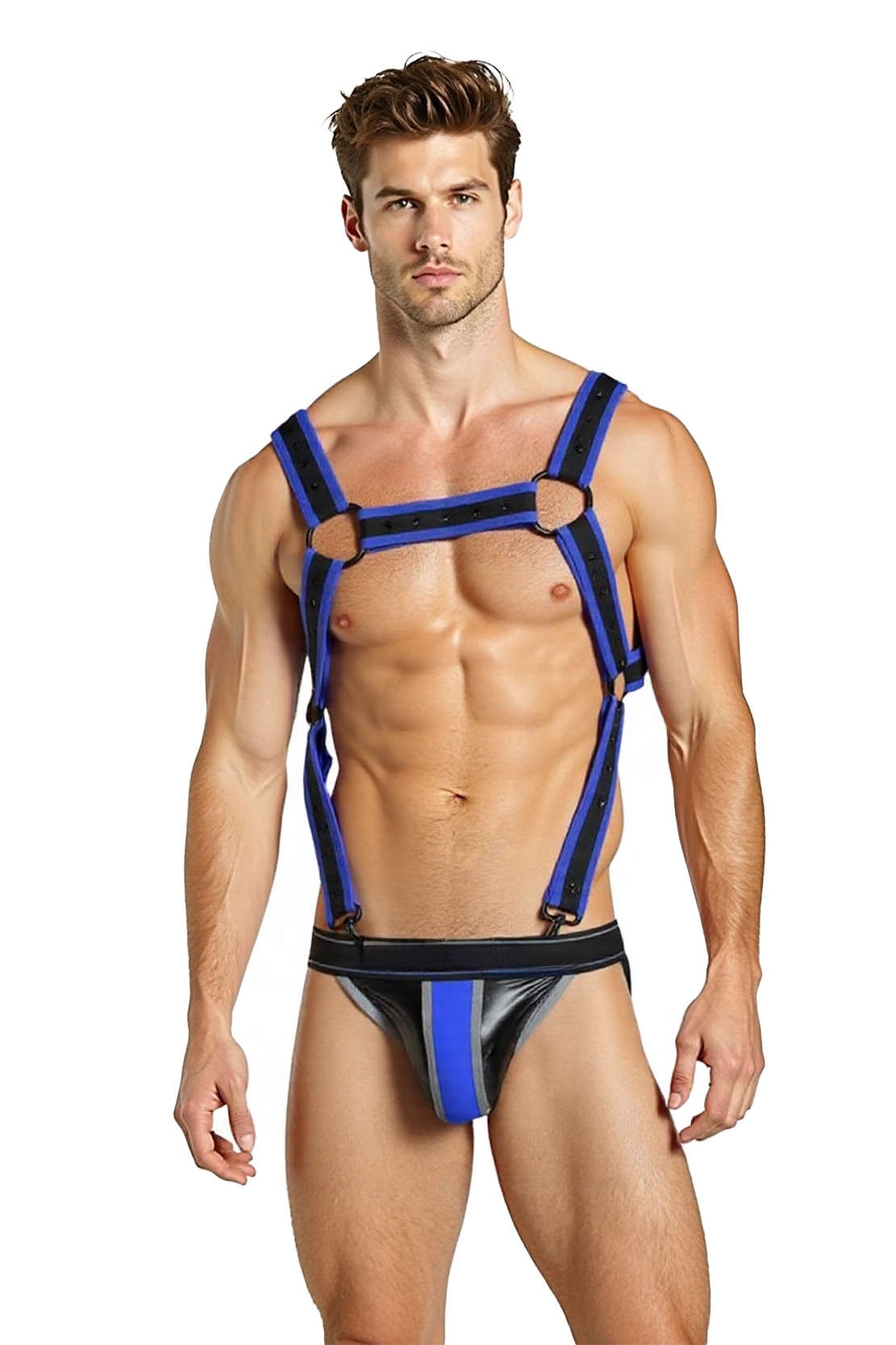 Joylgbt‘s PU Leather Men's Harness and Jockstrap Set – Blue and Black