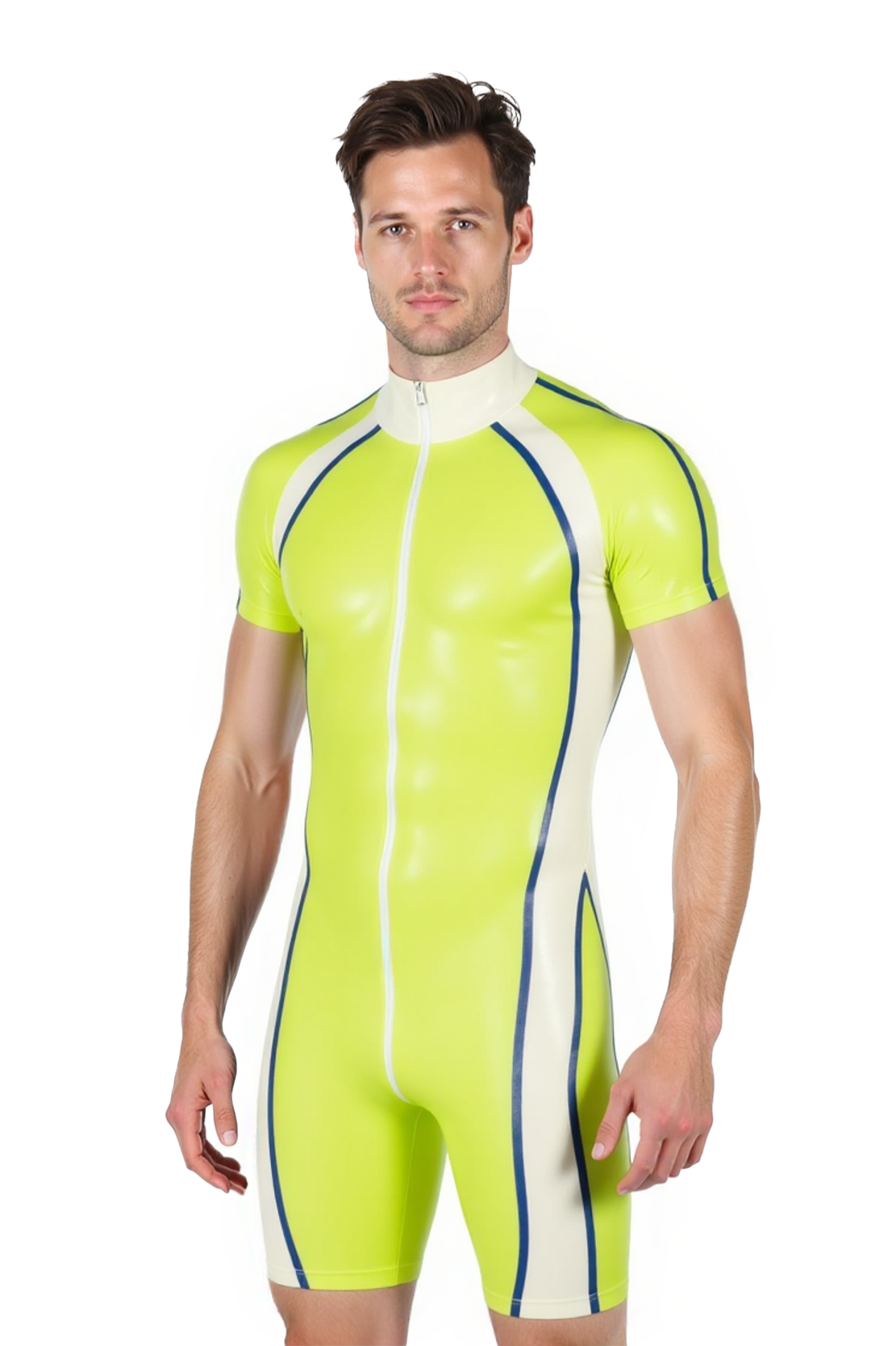 Joylgbt‘s Neon Yellow PU Leather Bodysuit with Blue and White Accents - Short Sleeve