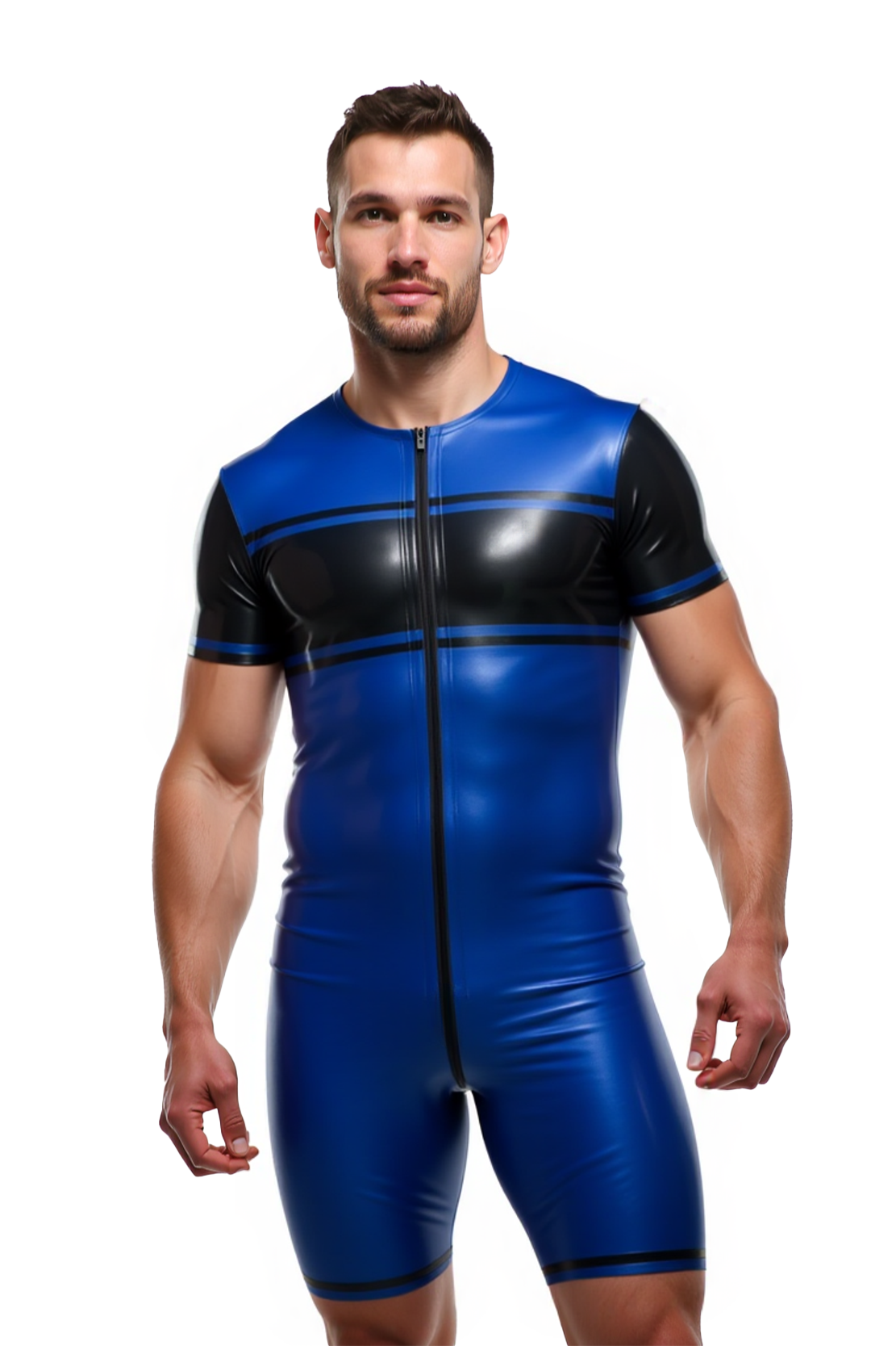 Joylgbt‘s Blue PU Leather Bodysuit with Black Sleeves and Zipper Front