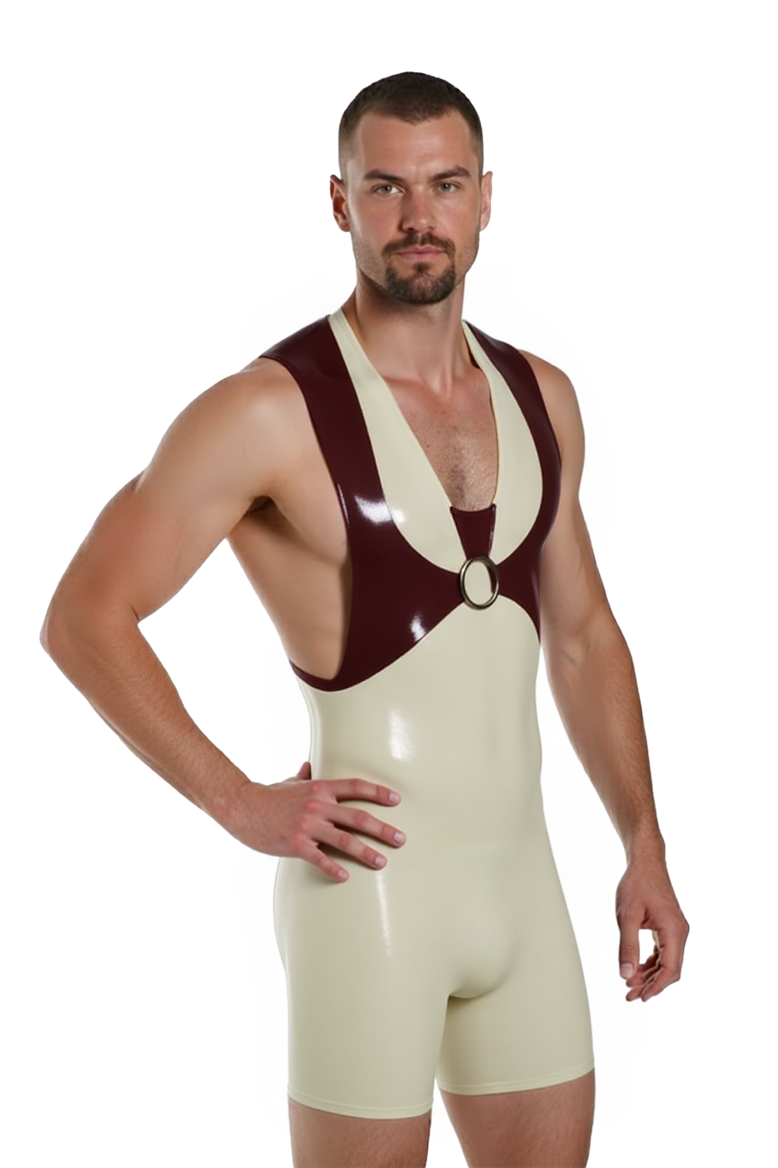 Joylgbt‘s Men's High-Gloss PV Leather Wrestling Singlet with Rear Double-Head Zip & O-Ring Detail