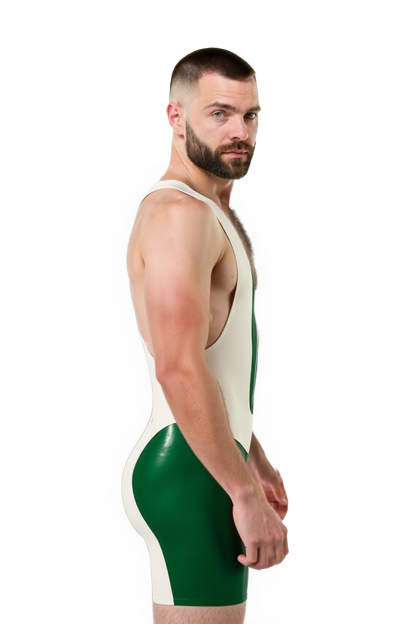 Joylgbt‘s Men's White & Green High-Gloss PV Leather Singlet with Rear Zipper