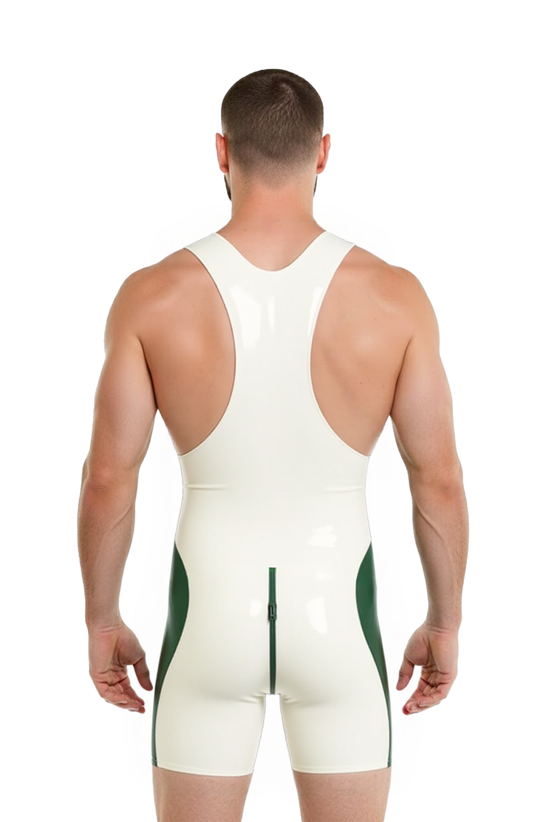 Joylgbt‘s Men's White & Green High-Gloss PV Leather Singlet with Rear Zipper