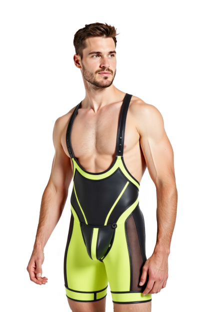 oylgbt‘s Men’s Neon PU Leather Singlet - Athletic Mesh Leotard