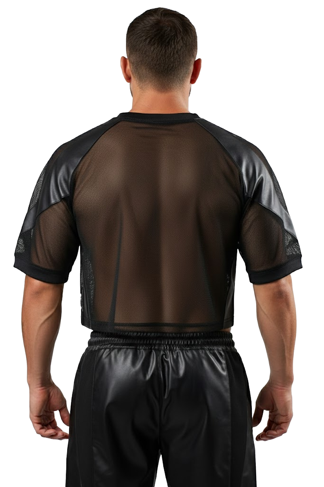 Joylgbt‘s Midnight Urban Mesh Crop Top - Black Leather Accents Clubwear for Men