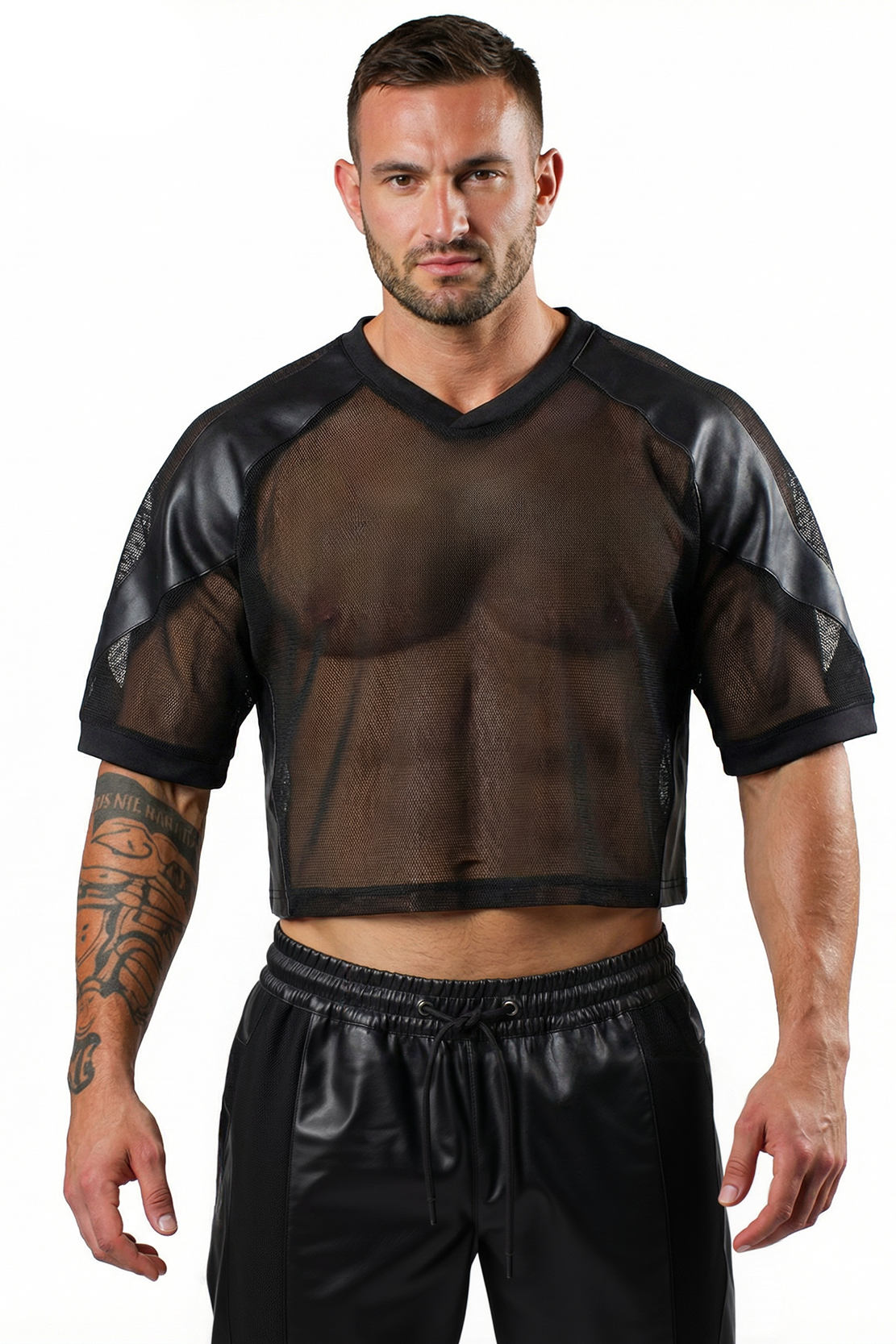 Joylgbt‘s Midnight Urban Mesh Crop Top - Black Leather Accents Clubwear for Men