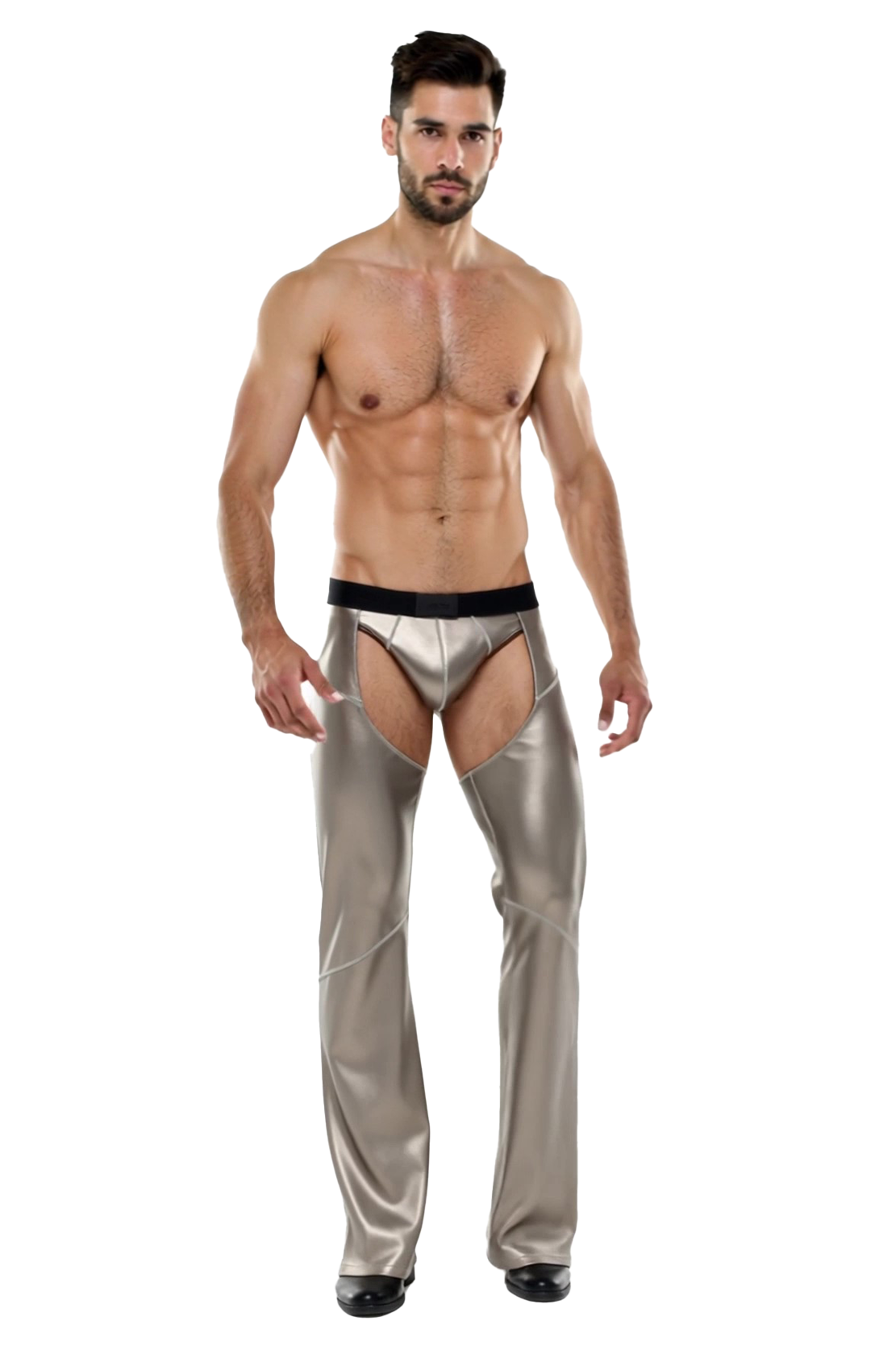 Joylgbt‘s Men's Metallic Silver Chaps Pant - Open Crotch Performance Trousers with Briefs