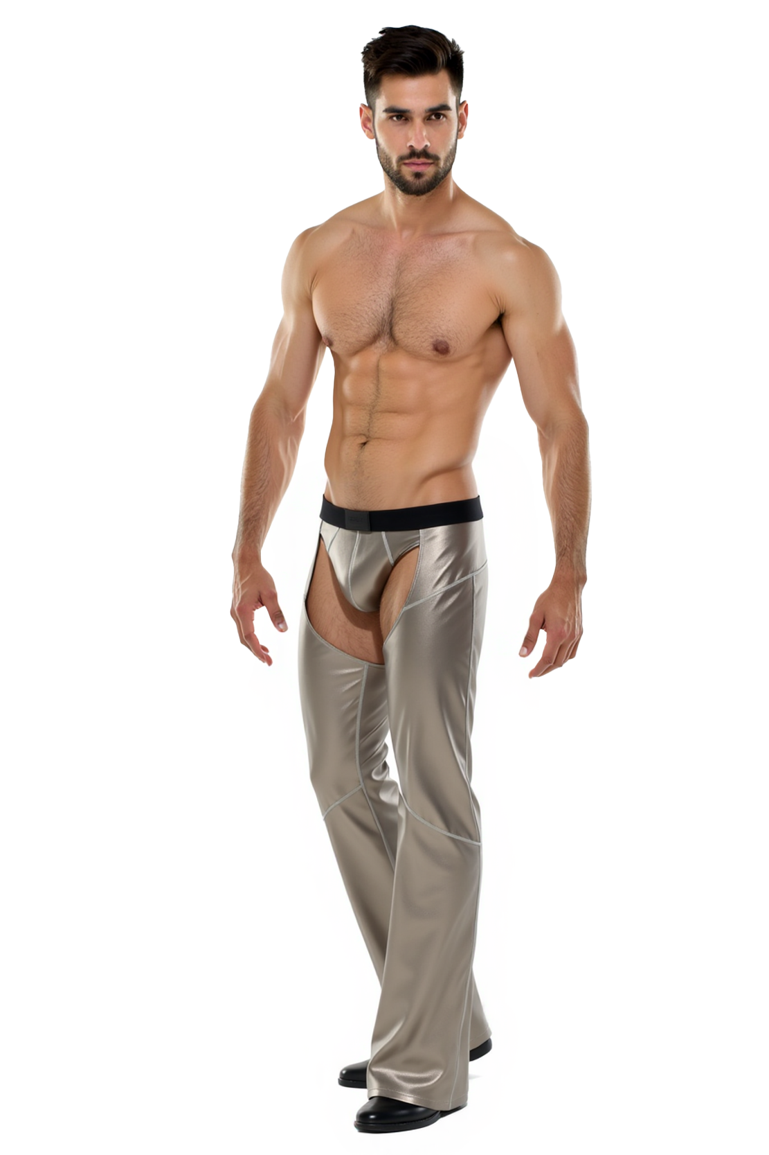 Joylgbt‘s Men's Metallic Silver Chaps Pant - Open Crotch Performance Trousers with Briefs