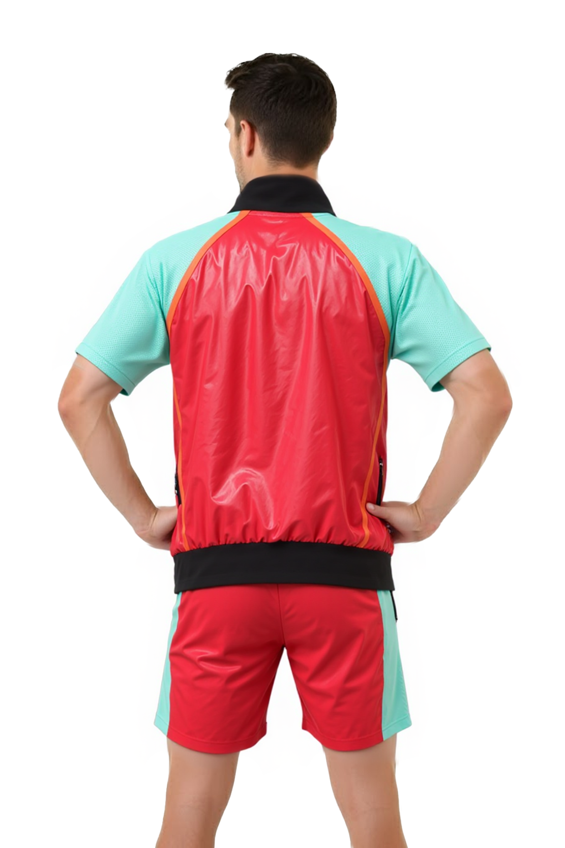 Joylgbt‘s Men's Retro Color-Block Sport Set - Shiny Red & Teal Short Sleeve Tracksuit Jacket and Shorts