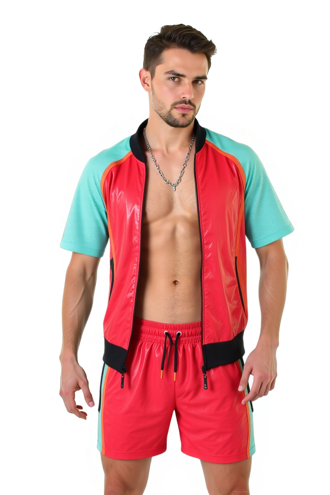 Joylgbt‘s Men's Retro Color-Block Sport Set - Shiny Red & Teal Short Sleeve Tracksuit Jacket and Shorts