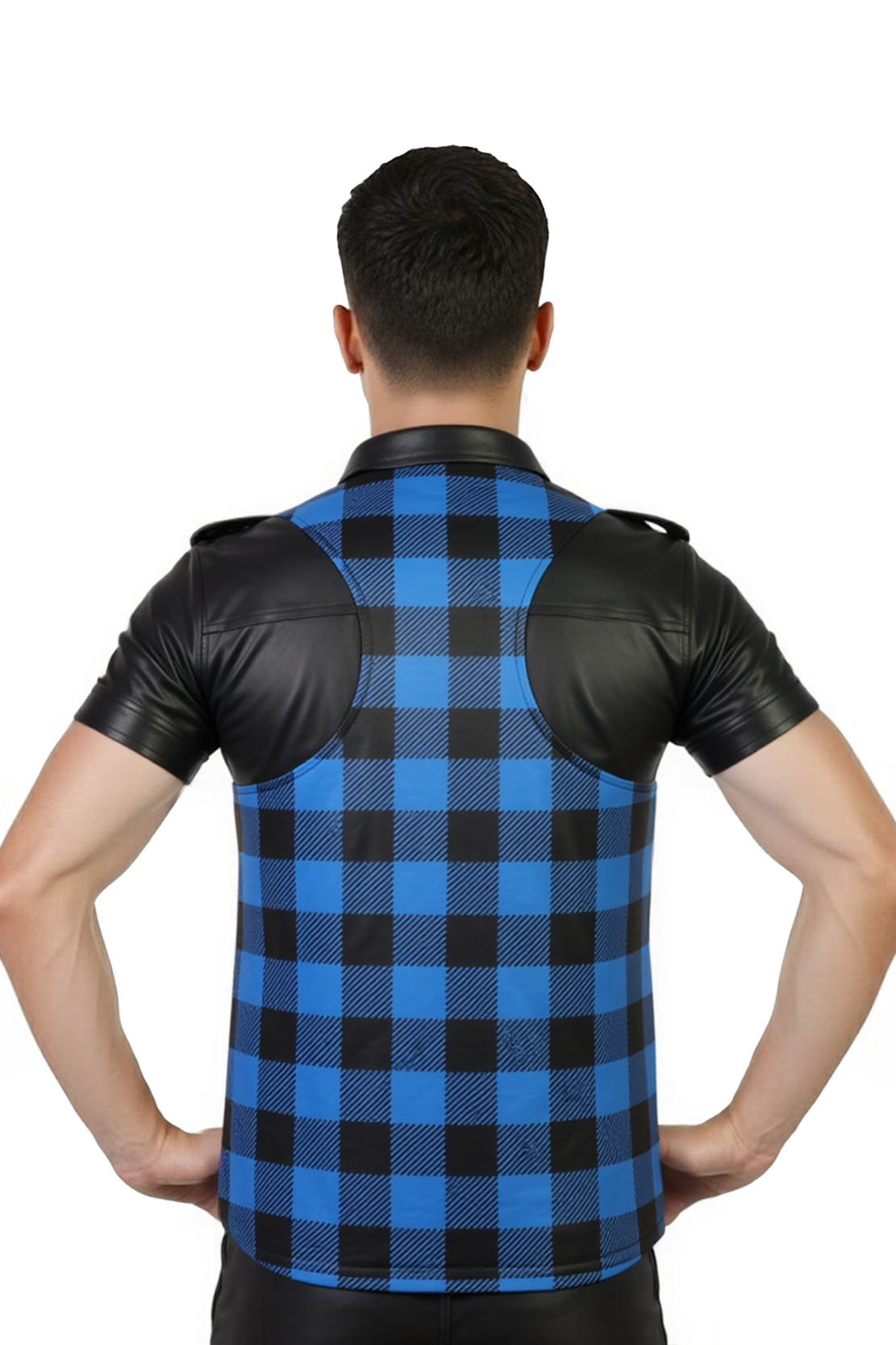 Joylgbt‘s Men's Faux Leather Plaid Vest - Blue & Black Checkered Patchwork Clubwear Gilet