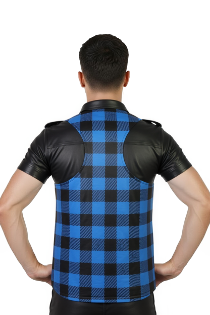 Joylgbt‘s Men's Faux Leather Plaid Vest - Blue & Black Checkered Patchwork Clubwear Gilet