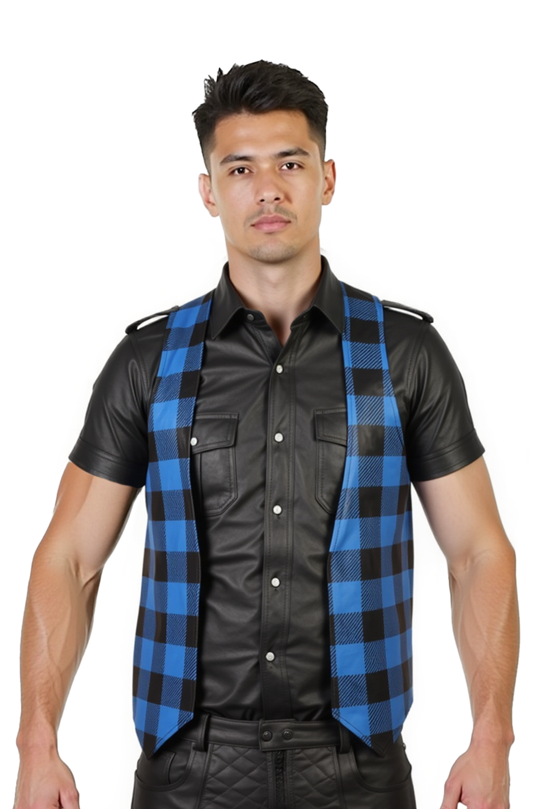 Joylgbt‘s Men's Faux Leather Plaid Vest - Blue & Black Checkered Patchwork Clubwear Gilet