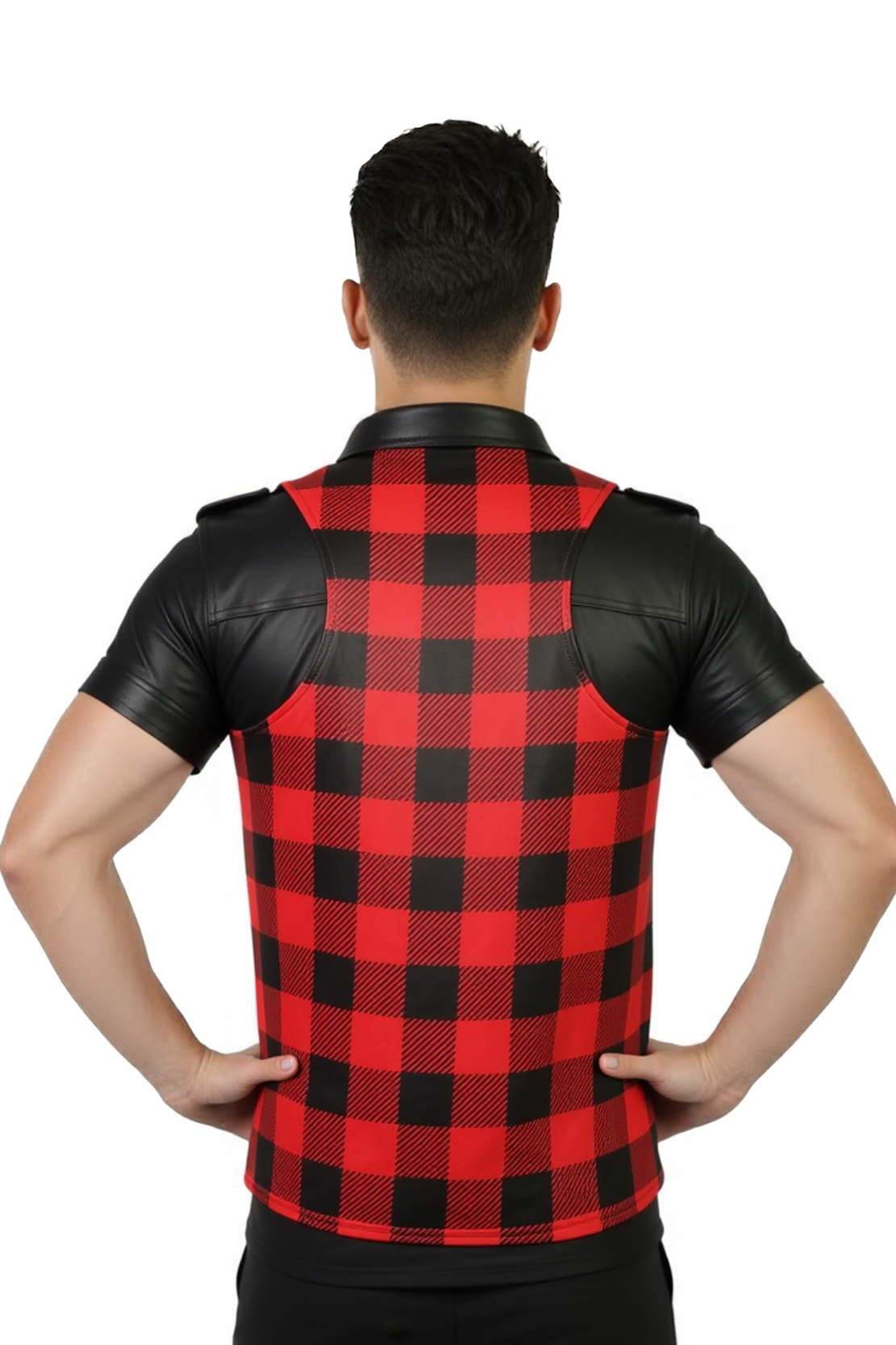 Joylgbt‘s Men's Faux Leather Plaid Vest - Blue & Black Checkered Patchwork Clubwear Gilet