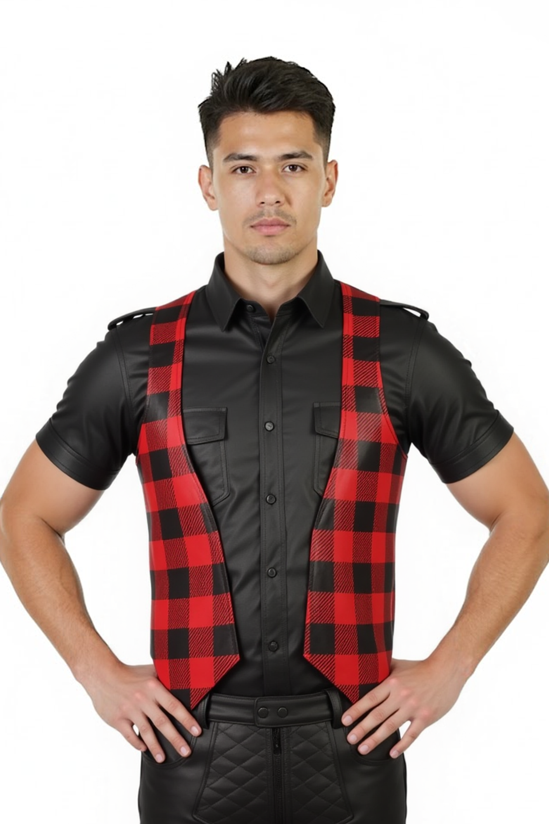 Joylgbt‘s Men's Faux Leather Plaid Vest - Blue & Black Checkered Patchwork Clubwear Gilet