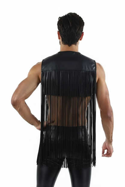 Joylgbt‘s Men's Black PU Leather Mesh Crop Top with Fringe