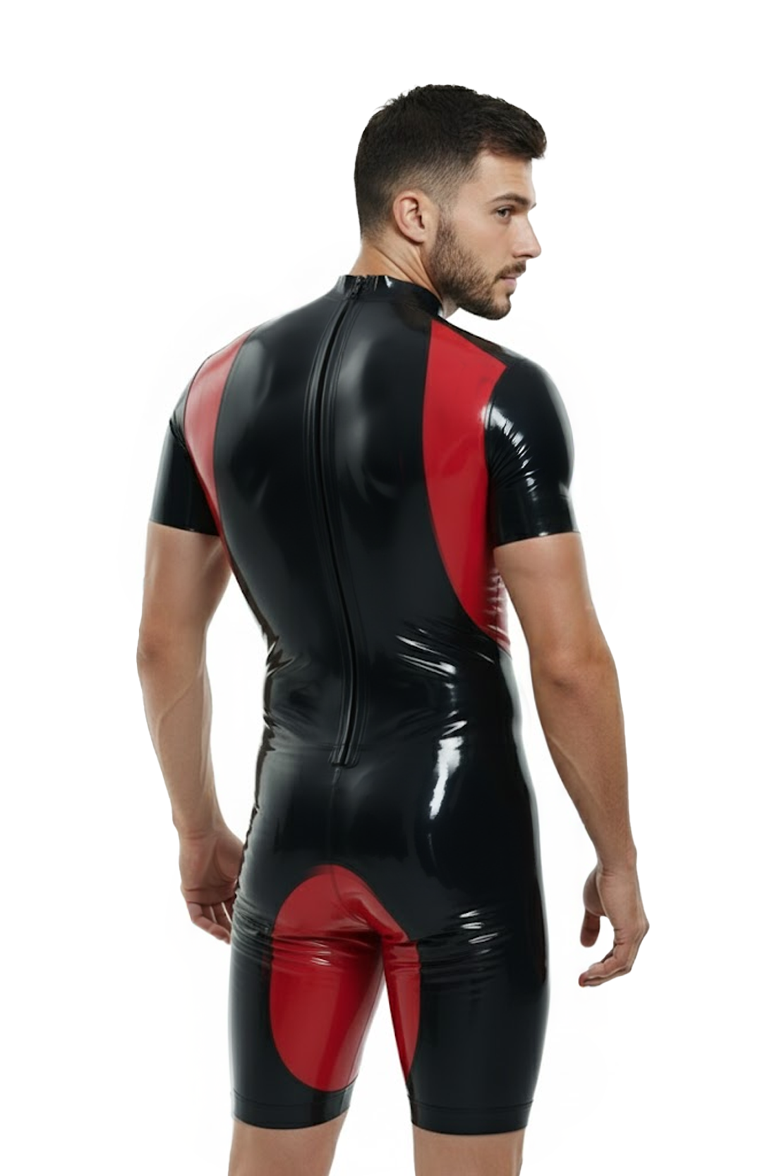 Joylgbt‘s Men’s Stealth-Elite Glossy Bodysuit | Black & Red PU Short Sleeve Leotard