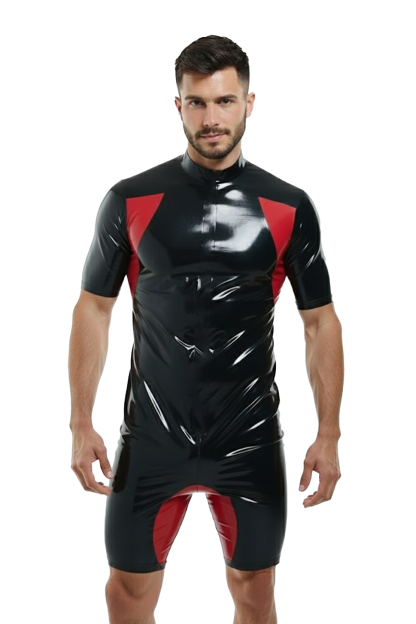 Joylgbt‘s Men’s Stealth-Elite Glossy Bodysuit | Black & Red PU Short Sleeve Leotard