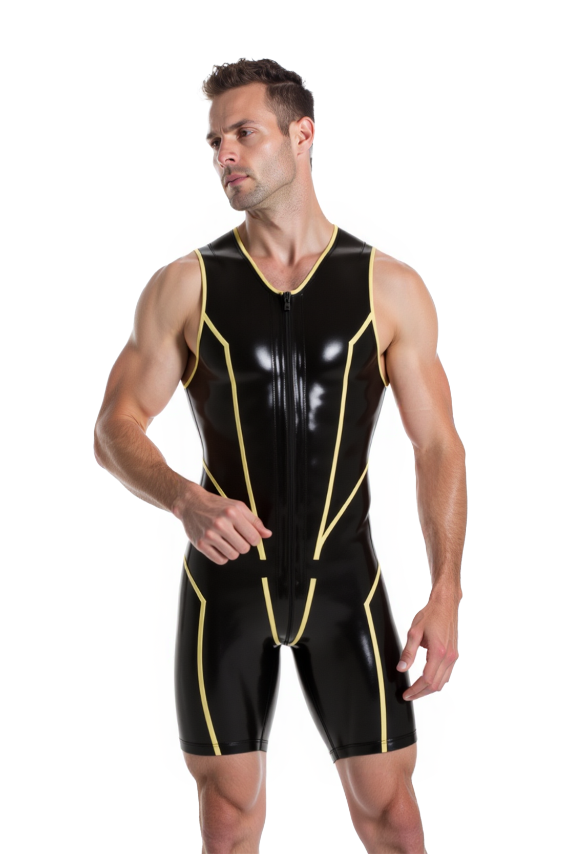 [Copy]Joylgbt‘s Men’s Stealth-Elite Glossy Bodysuit | Black & Red PU Short Sleeve Leotard