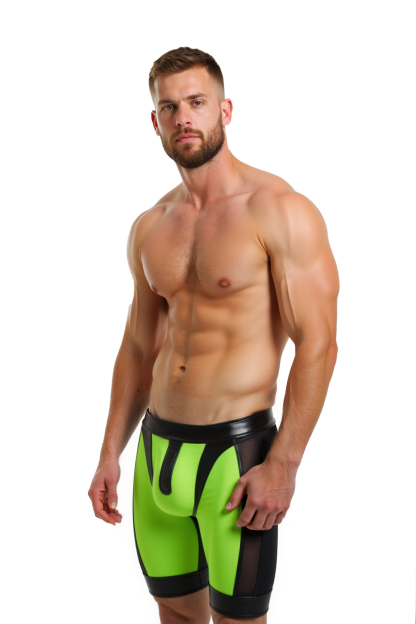 Joylgbt‘s Men's Neon Green High-Gloss PV & Mesh Cycling Shorts