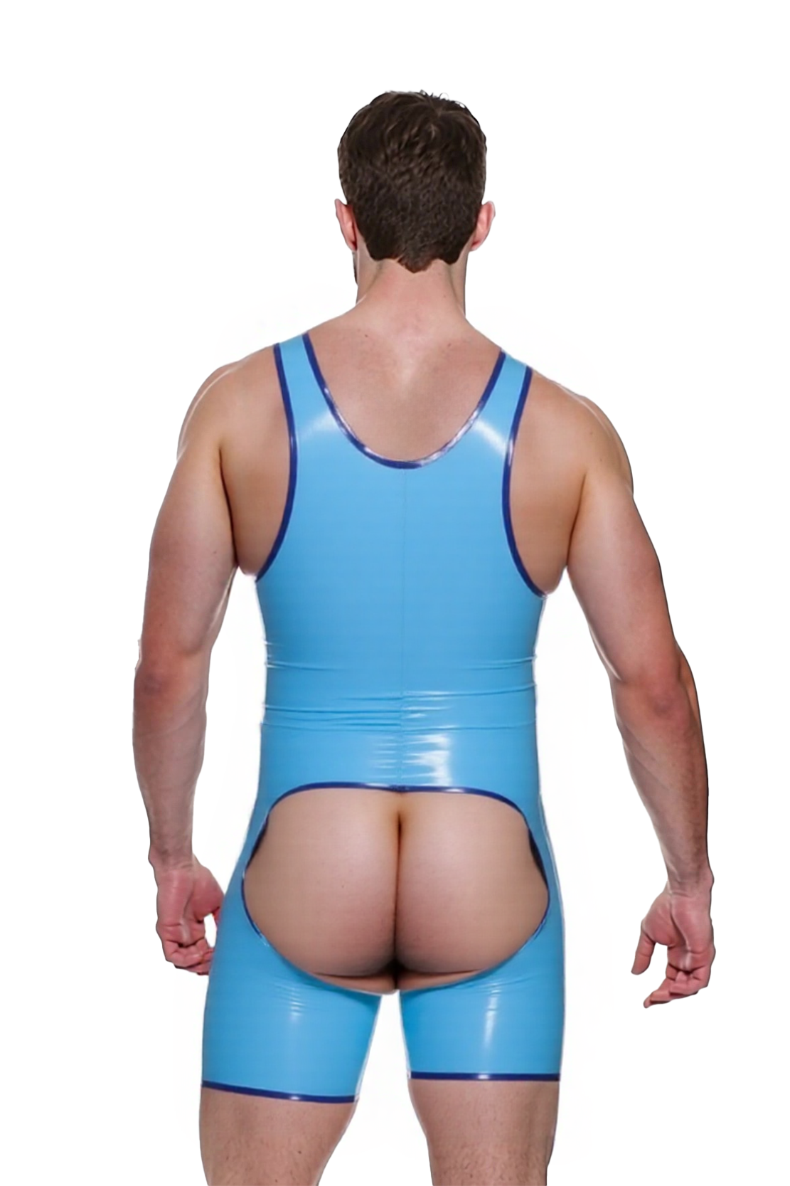 Joylgbt Sky Blue Open Back Singlet | Navy Trim Zipper Unitard