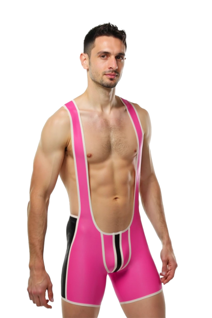Joylgbt Men's High-Shine Patent PVC Wrestling Singlet - Hot Pink Wet Look