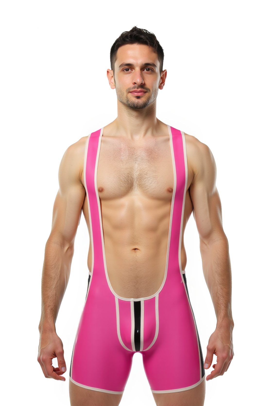Joylgbt Men's High-Shine Patent PVC Wrestling Singlet - Hot Pink Wet Look