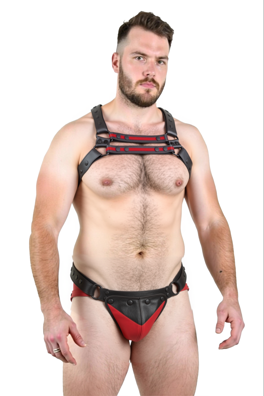 Joylgbt‘s Men's Black & Red Faux Leather Studded Harness and Jockstrap Set