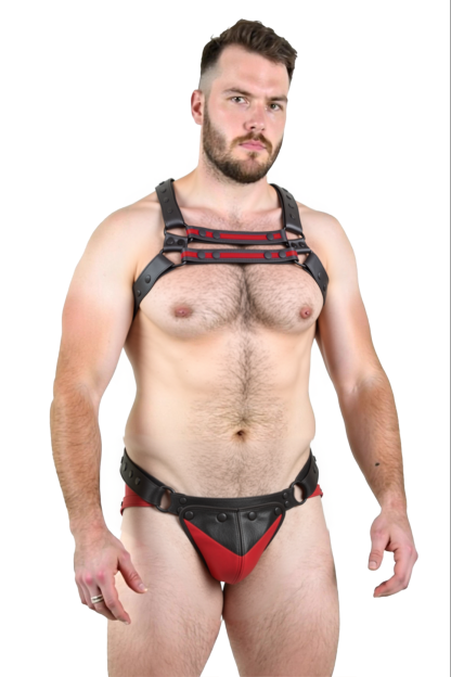 Joylgbt‘s Men's Black & Red Faux Leather Studded Harness and Jockstrap Set
