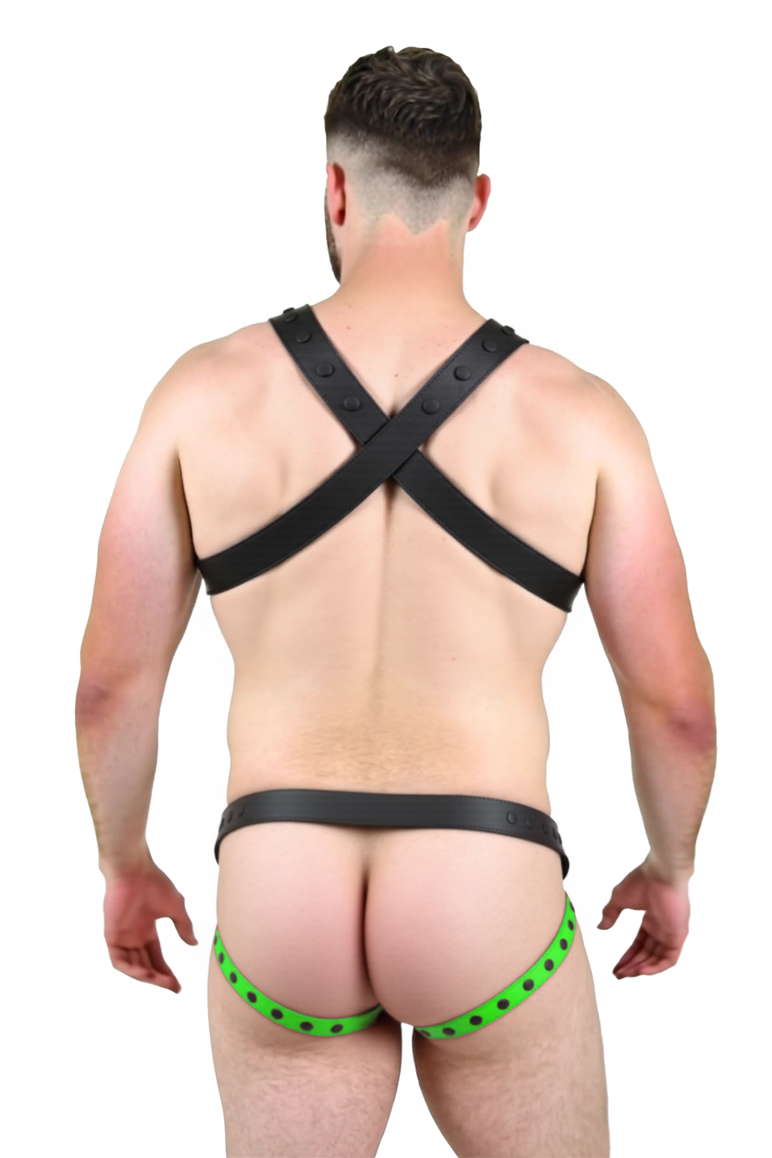 Joylgbt‘s Neon Beast: Black & Lime Green Contrast Faux Leather X-Harness Set - Wild Control