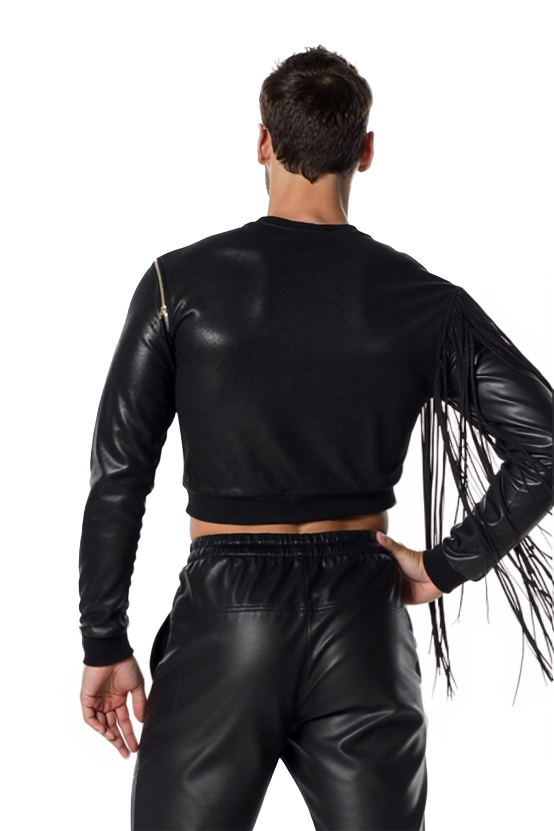 Joylgbt‘s Men's Black PU Leather Fringe Sleeve Crop Top