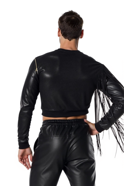 Joylgbt‘s Men's Black PU Leather Fringe Sleeve Crop Top