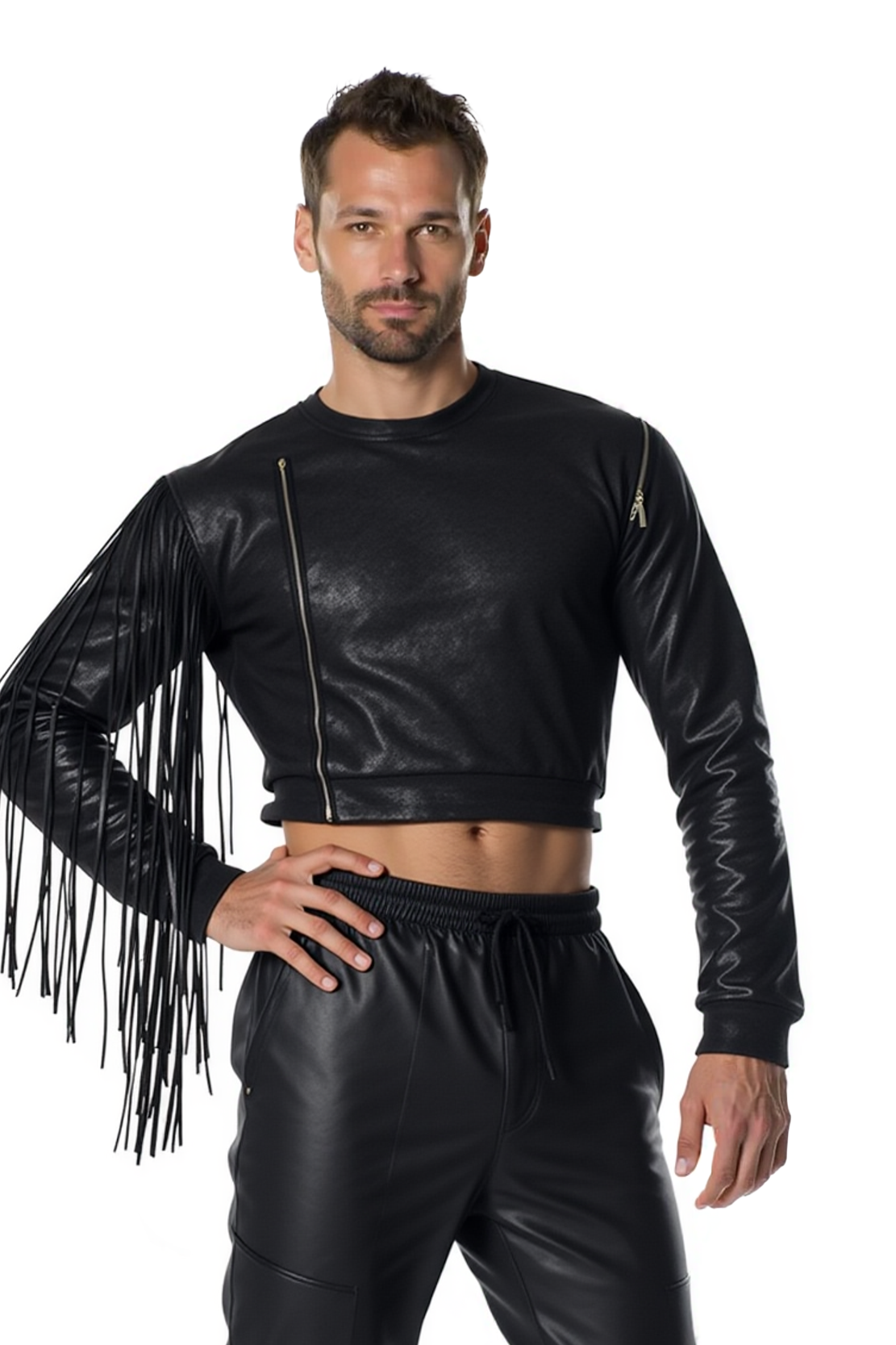 Joylgbt‘s Men's Black PU Leather Fringe Sleeve Crop Top