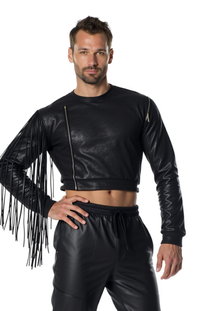 Joylgbt‘s Men's Black PU Leather Fringe Sleeve Crop Top