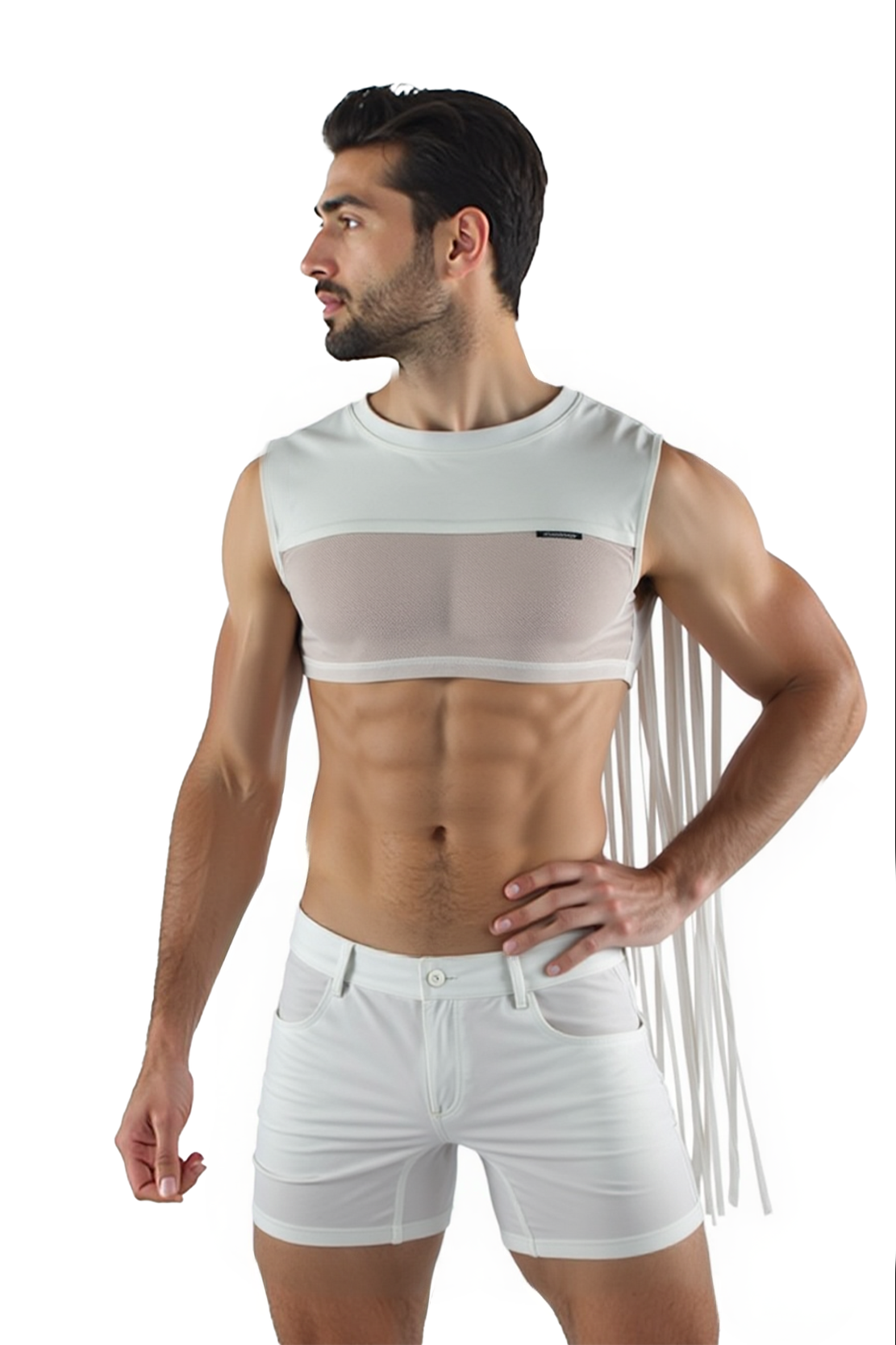 Joylgbt‘s Men's Black PU Leather Mesh Crop Top with Fringe