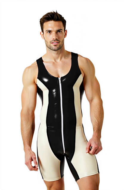 Men’s Glossy Faux Leather Zipper Bodysuit – Black & White Colorblock Sleeveless Romper for Gay Clubwear & Fetish Fashion
