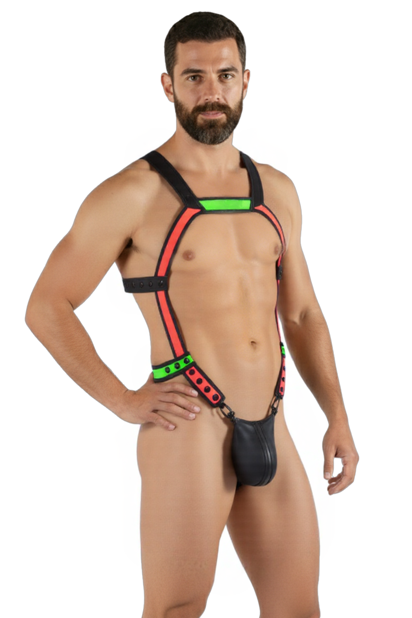 Joylgbt‘s Men’s Neon Glow Body Harness & Pouch Thong Set